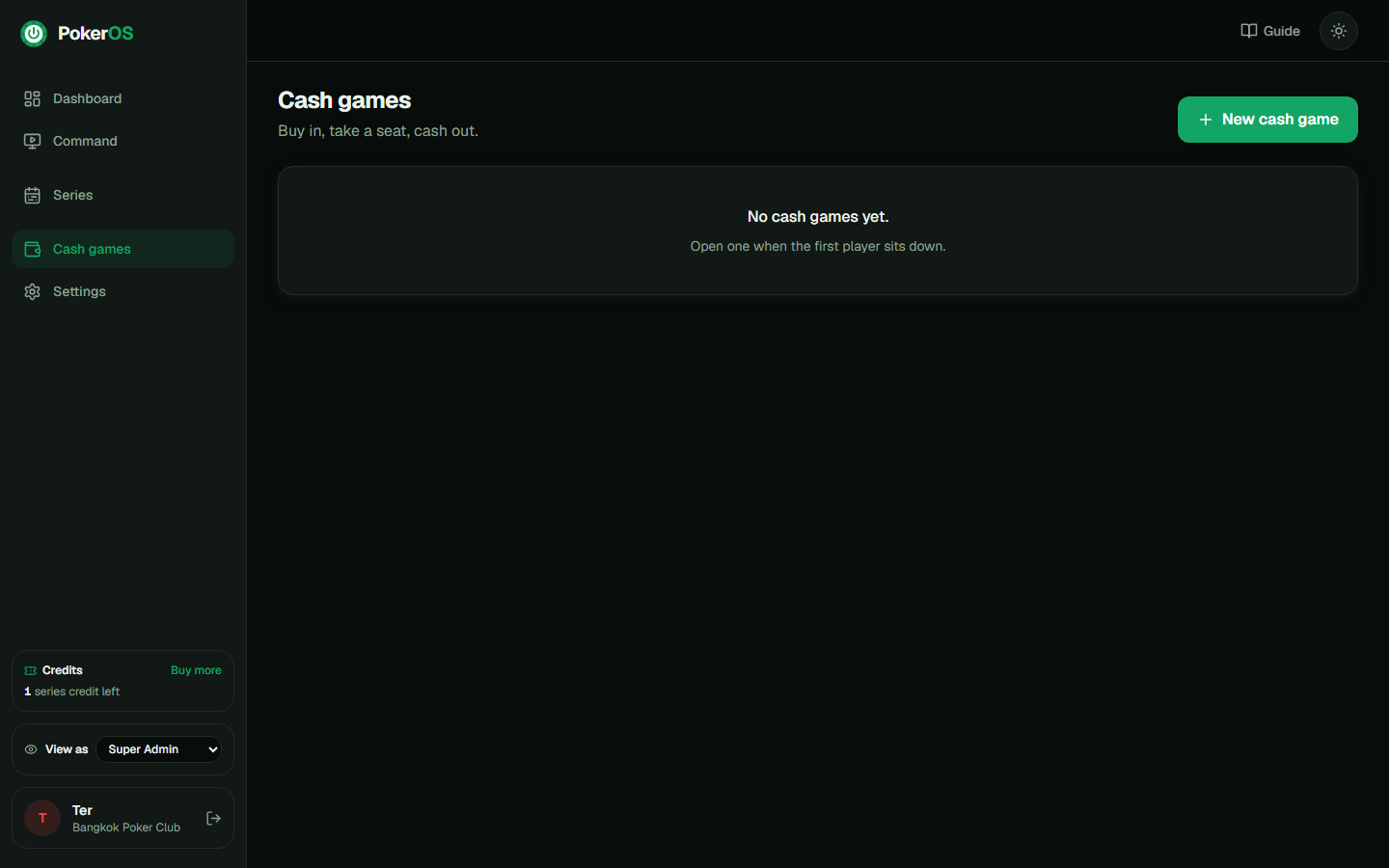 A cash game — seated players, buy-ins and cash-outs