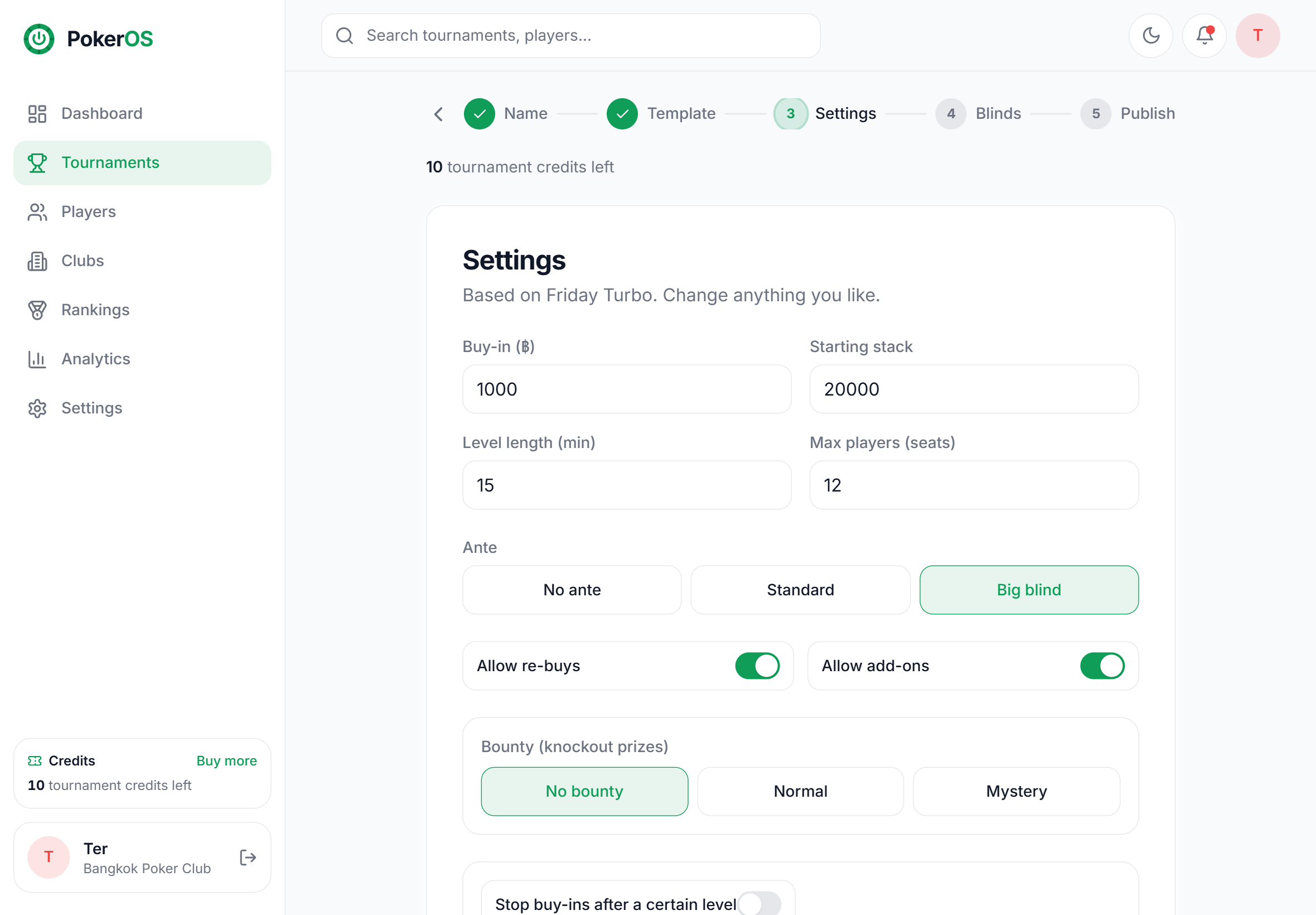 Create tournament wizard — settings step