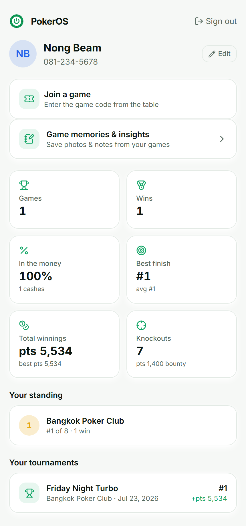 Player portal with stats