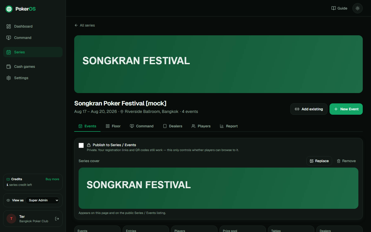 The series schedule — status, entries and the publish toggle on every row