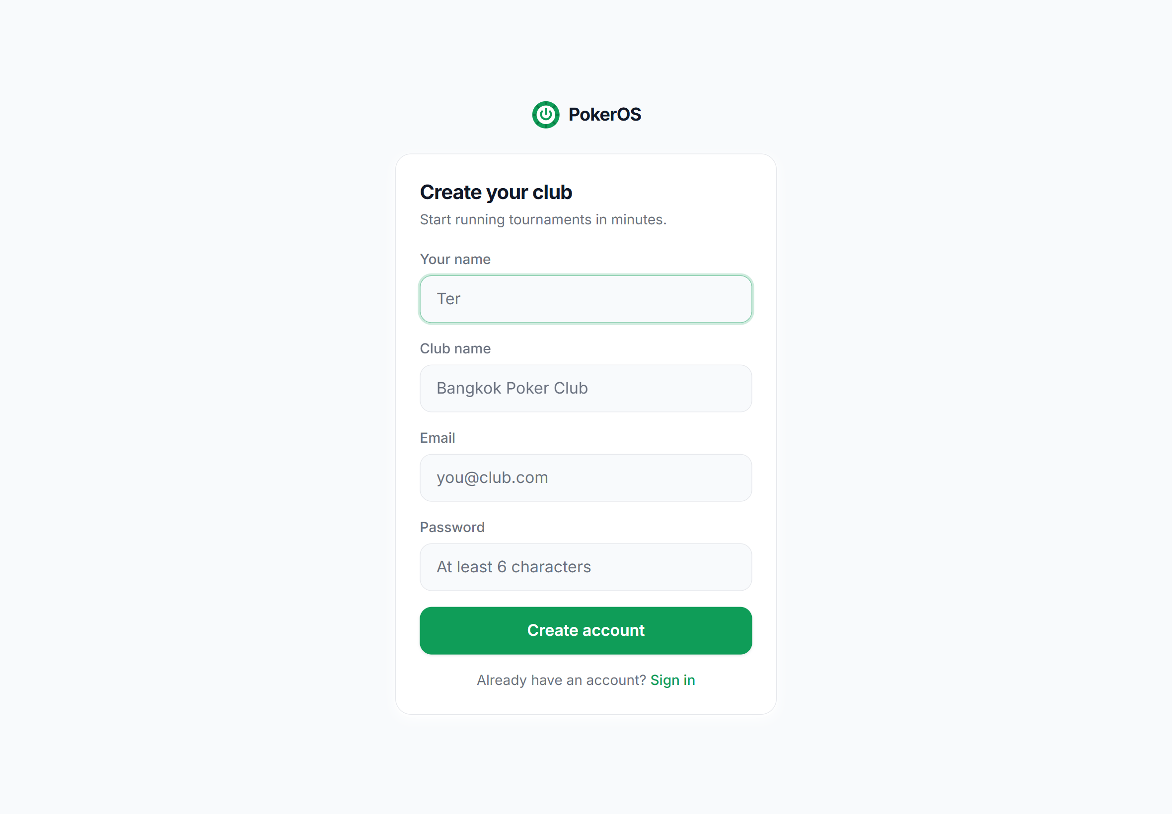 Sign up screen